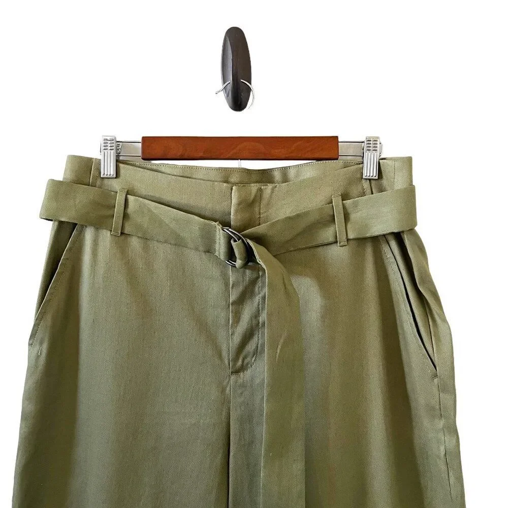 Banana Republic NEW Linen Blend Belted Trouser Pants Olive Green Size 12L